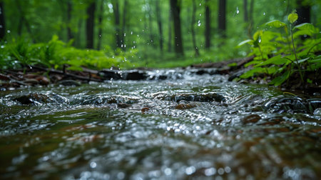 A stream of water runs through the forest as spring approaches.の素材