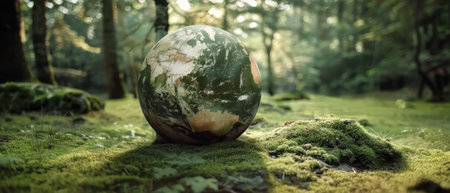 World globe on moss in forest - Europe and Africa - concept of environmentの素材