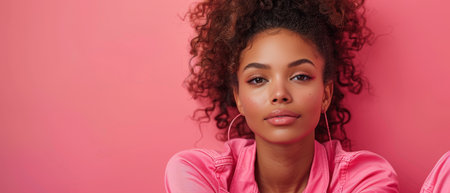 Female black model in trendy outfit sitting on pink background and looking at camera in full body shot.の素材