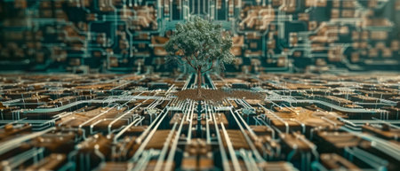 Green Computing, Green Technology, Green IT, CSR, and IT ethics concept with a tree growing on a computer circuit board. Blue light and wireframe networking background.の素材
