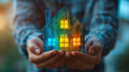 Real estate, energy savings, and family home concept - closeup of two hands holding a white paper house with an energy efficiency rating.の素材