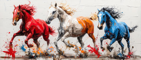 This is a modern painting, abstract, with metal elements, texture background, animals, horses, etc.の素材