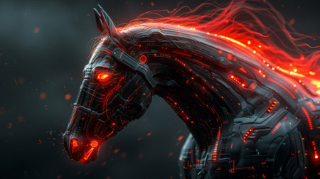 This futuristic horse head combines an electronic board with a horse head shape to create a powerful conceptの素材
