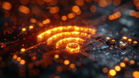 An abstract wireless network symbol combined with an electronic board patternの素材