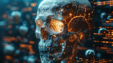 An illustration of a realistic skull with a digital analysis interface, representing a concept of health care technologyの素材