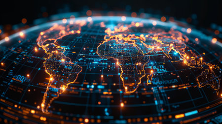 Modern technology concept, dotted globe with digital communication interfacesの素材