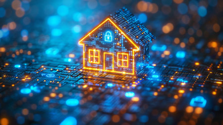 An internet of things concept representing a smart home, shaped like a house with appliance icons on topの素材