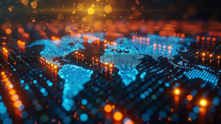 The concept of digital technology, combining binary code and a world map.の素材