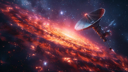 A polygonal satellite dish with a galaxy background represents telecommunication technologyの素材