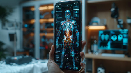 Mobile phone with e-health application and simulation display, depicting medical technology advancementsの素材