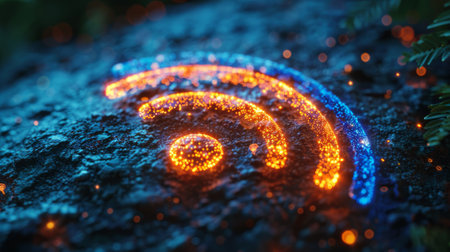 Communication technology concept, wifi sign with blue particlesの素材