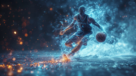 An animation of a polygonal basketball player with a futuristic element depicting sport science technologyの素材