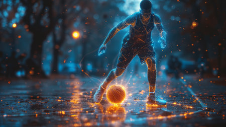 An icon illustrating the concept of sports science technology, depicting a polygonal basketball player dribbling a ball with a futuristic elementの素材