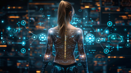 Illustration of orthopedic analysis technology, a pelvis and body scan of a femaleの素材