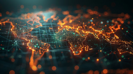 A dotted world map with futuristic element represents a global network based on communication technologies.の素材