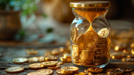 Graphic illustrating the concept of time as money, with a sandglass inside filled with golden coinsの素材