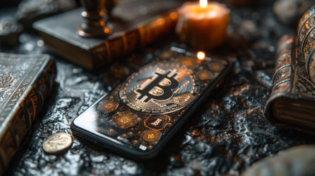 A concept of cryptocurrency technology is illustrated by a graphic of a mobile device with an application for storing bitcoinsの素材