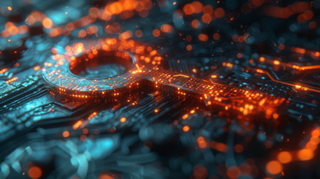 Cryptography key or private key graphic, combining binary codes with a futuristic keyの素材