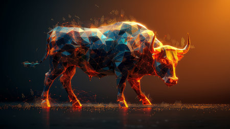 Bullish in stock market exchange, graphic of low poly bull with increasing graphの素材