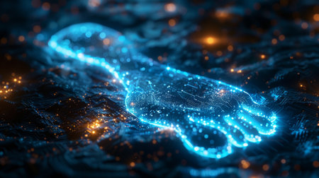 Digital footprint concept, graphic of foot print shape combined with futuristic pattern and digital technology elements.の素材