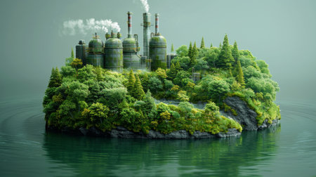 Illustration of a battery shape combined with industry and nature in a concept of green energy or environmental protectionの素材