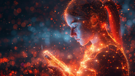 Digital technology character design presented with a low poly style and futuristic elementsの素材