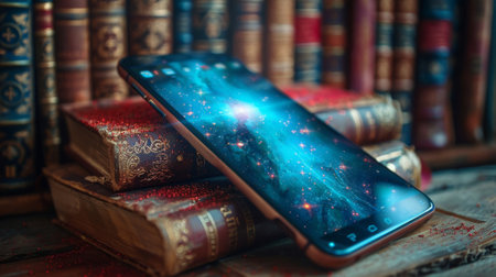 An image of a mobile phone combined with a book and an element of the future for an e-learning conceptの素材