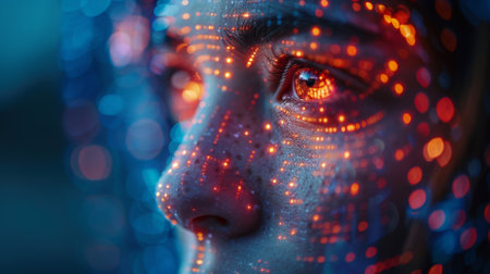 Face recognition technology concept, with a fingerprint graphic combined with a man's face and futuristic elements.の素材