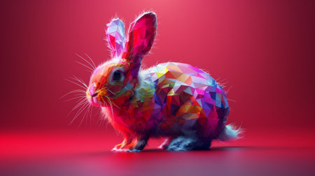 An illustration of a colorful low poly rabbit with traditional Chinese elements represents the rabbit in the Chinese zodiacの素材