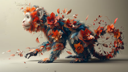 The Chinese zodiac sign of monkey. Low polygraphic graphic of a colorful monkey with traditional Chinese elements.の素材