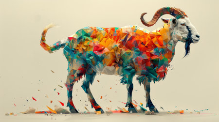This is a graphic depicting a colorful low poly goat with a traditional Chinese element, which is a Chinese word that refers to the goat zodiac sign.の素材