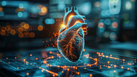 Mobile applications for treating health problems online, graphic of a man's heart being examined with a stethoscopeの素材