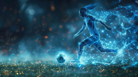 This graphic shows a wireframe soccer player shooting a ball with lighting effects.の素材