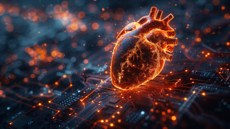 The concept of cardiology or heart health is represented by a graphic of a heart and pulse wave shape paired with an electronic board pattern.の素材