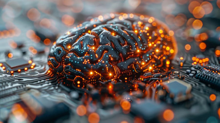 Machine learning or artificial intelligence concept, represented by a brain shape combined with electronic patternsの素材