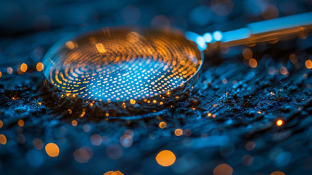 Concept of digital forensics or cyber forensics, magnifying glass analyzing fingerprint with digital elementsの素材