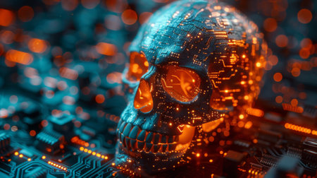 The graphic of a circuit electronic skull is presented in retro colors with a cyberpunk themeの素材