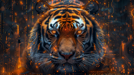 An electronic board pattern combined with a tiger head graphicの素材