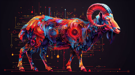 Graphic of a colorful futuristic goat featuring traditional Chinese elements, Chinese word refers to goat Zodiac signの素材