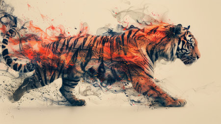 Chinese zodiac sign of the tiger, graphic with a colorful cyber tiger and traditional Chinese elements.の素材