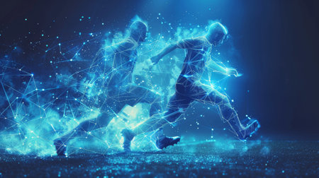Futuristic wireframe of soccer players in low polyの素材