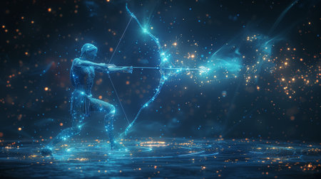 The Sagittarius horoscope sign in the twelve zodiacs with galaxy stars as background, graphic of low poly Greek archery with futuristic astrological aspectsの素材