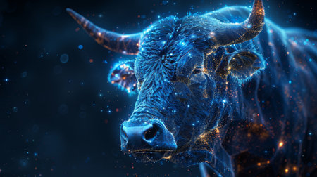 An image of a low poly bull with futuristic astrological elements in Taurus horoscope sign in twelve zodiac signsの素材