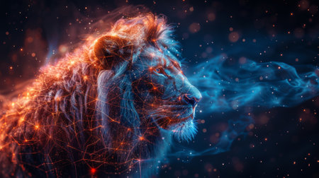 Throughout the twelve zodiac signs, the sign of Leo is represented in a low polygraphic graphic of a lion with a futuristic astrological element.の素材