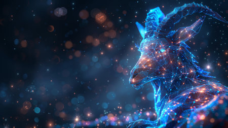 With a galaxy stars background to represent the Capricorn horoscope sign, this graphic depicts a low poly creature character with an element of astrology.の素材
