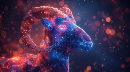 Symbol of the twelve zodiac in the constellation Aries on the background of a galaxy of stars, graphic of a low poly goat character with an astrological element in the backgroundの素材