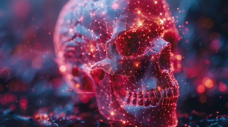 A low poly brain skull presented in a cyberpunk style with futuristic elementsの素材