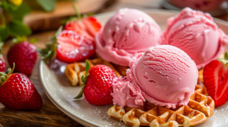 A strawberry icecream waffle is served on a plate with strawberry icecream.の素材