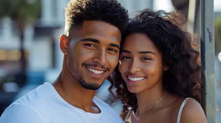 Mixed race couple embracing, smiling, looking at the camera..の素材