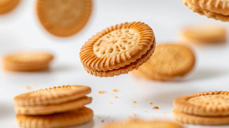 A white background is surrounded by floating biscuits..の素材